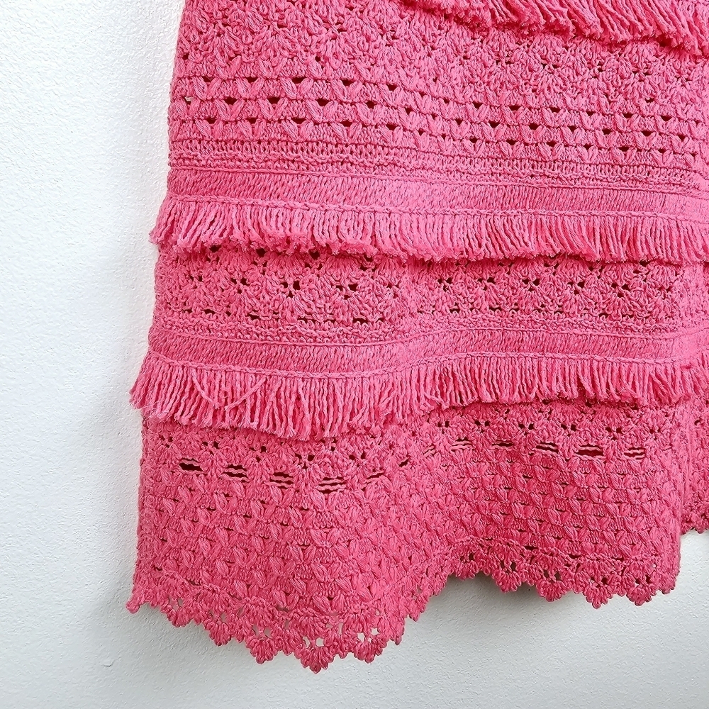 Maje Rosy Pink Crochet Fringe Short Sleeve Mini Dress NWT - Picture 12 of 16